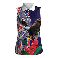 American Samoa Bald Eagle Personalized Women Sleeveless Polo Shirt Polynesian Teuila Flowers - Polynesian Pride