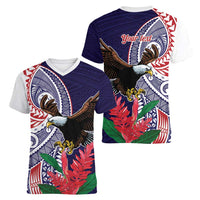 American Samoa Bald Eagle Personalized Women V-Neck T-Shirt Polynesian Teuila Flowers - Polynesian Pride
