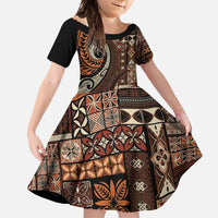 Vintage Samoa Siapo Mamanu Family Matching Long Sleeve Bodycon Dress and Hawaiian Shirt Brown Samoan Tapa Motif LT9 Daughter's Dress Brown - Polynesian Pride
