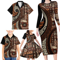 Vintage Samoa Siapo Mamanu Family Matching Long Sleeve Bodycon Dress and Hawaiian Shirt Brown Samoan Tapa Motif LT9 - Polynesian Pride