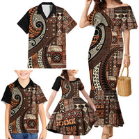 Vintage Samoa Siapo Mamanu Family Matching Mermaid Dress and Hawaiian Shirt Brown Samoan Tapa Motif - Polynesian Pride