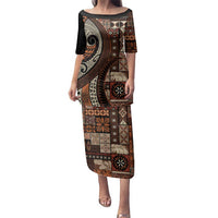Vintage Samoa Siapo Mamanu Family Matching Puletasi and Hawaiian Shirt Brown Samoan Tapa Motif - Polynesian Pride