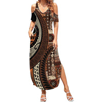 Vintage Samoa Siapo Mamanu Family Matching Summer Maxi Dress and Hawaiian Shirt Brown Samoan Tapa Motif - Polynesian Pride