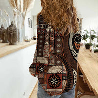 Vintage Samoa Siapo Mamanu Women Casual Shirt Brown Samoan Tapa Motif - Polynesian Pride