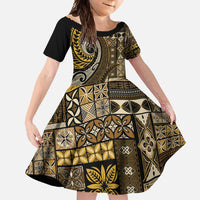 Vintage Samoa Siapo Mamanu Family Matching Mermaid Dress and Hawaiian Shirt Gold Samoan Tapa Motif - Polynesian Pride