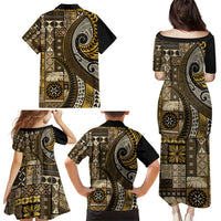 Vintage Samoa Siapo Mamanu Family Matching Puletasi and Hawaiian Shirt Gold Samoan Tapa Motif - Polynesian Pride
