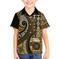 Vintage Samoa Siapo Mamanu Family Matching Short Sleeve Bodycon Dress and Hawaiian Shirt Gold Samoan Tapa Motif - Polynesian Pride