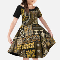 Vintage Samoa Siapo Mamanu Kid Short Sleeve Dress Gold Samoan Tapa Motif - Polynesian Pride