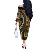 Vintage Samoa Siapo Mamanu Off The Shoulder Long Sleeve Dress Gold Samoan Tapa Motif - Polynesian Pride