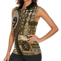 Vintage Samoa Siapo Mamanu Women Sleeveless Polo Shirt Gold Samoan Tapa Motif - Polynesian Pride