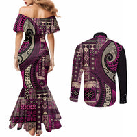 Vintage Samoa Siapo Mamanu Couples Matching Mermaid Dress and Long Sleeve Button Shirt Pink Samoan Tapa Motif - Polynesian Pride