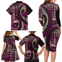 Vintage Samoa Siapo Mamanu Family Matching Long Sleeve Bodycon Dress and Hawaiian Shirt Pink Samoan Tapa Motif - Polynesian Pride