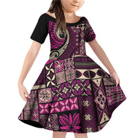 Vintage Samoa Siapo Mamanu Family Matching Off Shoulder Short Dress and Hawaiian Shirt Pink Samoan Tapa Motif - Polynesian Pride