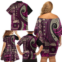 Vintage Samoa Siapo Mamanu Family Matching Off Shoulder Short Dress and Hawaiian Shirt Pink Samoan Tapa Motif - Polynesian Pride