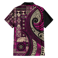Vintage Samoa Siapo Mamanu Family Matching Off Shoulder Short Dress and Hawaiian Shirt Pink Samoan Tapa Motif - Polynesian Pride
