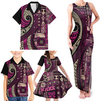 Vintage Samoa Siapo Mamanu Family Matching Tank Maxi Dress and Hawaiian Shirt Pink Samoan Tapa Motif - Polynesian Pride