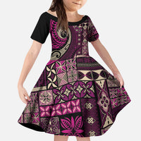 Vintage Samoa Siapo Mamanu Kid Short Sleeve Dress Pink Samoan Tapa Motif LT9 KID Pink - Polynesian Pride
