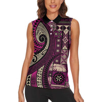 Vintage Samoa Siapo Mamanu Women Sleeveless Polo Shirt Pink Samoan Tapa Motif - Polynesian Pride