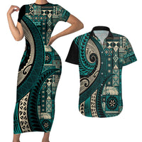 Vintage Samoa Siapo Mamanu Couples Matching Short Sleeve Bodycon Dress and Hawaiian Shirt Teal Samoan Tapa Motif - Polynesian Pride