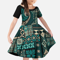Vintage Samoa Siapo Mamanu Family Matching Long Sleeve Bodycon Dress and Hawaiian Shirt Teal Samoan Tapa Motif - Polynesian Pride