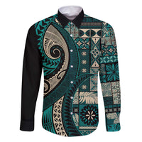 Vintage Samoa Siapo Mamanu Family Matching Long Sleeve Bodycon Dress and Hawaiian Shirt Teal Samoan Tapa Motif - Polynesian Pride