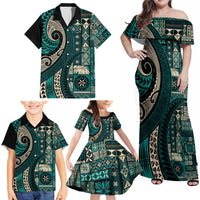 Vintage Samoa Siapo Mamanu Family Matching Off Shoulder Maxi Dress and Hawaiian Shirt Teal Samoan Tapa Motif - Polynesian Pride