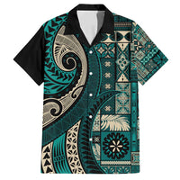 Vintage Samoa Siapo Mamanu Family Matching Off Shoulder Maxi Dress and Hawaiian Shirt Teal Samoan Tapa Motif - Polynesian Pride