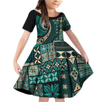 Vintage Samoa Siapo Mamanu Family Matching Off Shoulder Short Dress and Hawaiian Shirt Teal Samoan Tapa Motif - Polynesian Pride