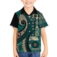 Vintage Samoa Siapo Mamanu Family Matching Off Shoulder Short Dress and Hawaiian Shirt Teal Samoan Tapa Motif - Polynesian Pride