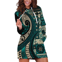 Vintage Samoa Siapo Mamanu Hoodie Dress Teal Samoan Tapa Motif - Polynesian Pride