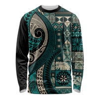 Vintage Samoa Siapo Mamanu Long Sleeve Shirt Teal Samoan Tapa Motif - Polynesian Pride