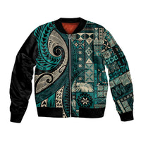 Vintage Samoa Siapo Mamanu Sleeve Zip Bomber Jacket Teal Samoan Tapa Motif - Polynesian Pride