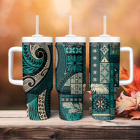 Vintage Samoa Siapo Mamanu Tumbler With Handle Teal Samoan Tapa Motif - Polynesian Pride