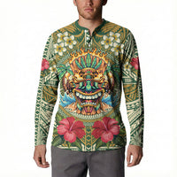 Hawaii Tiki Mask Personalized Button Sweatshirt Mele Kalikimaka i Iulai! LT9 - Polynesian Pride