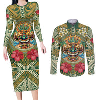 Hawaii Tiki Mask Personalized Couples Matching Long Sleeve Bodycon Dress and Long Sleeve Button Shirt Mele Kalikimaka i Iulai!