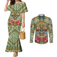 Hawaii Tiki Mask Personalized Couples Matching Mermaid Dress and Long Sleeve Button Shirt Mele Kalikimaka i Iulai! LT9 Green - Polynesian Pride