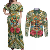 Hawaii Tiki Mask Personalized Couples Matching Off Shoulder Maxi Dress and Long Sleeve Button Shirt Mele Kalikimaka i Iulai! LT9 Green - Polynesian Pride