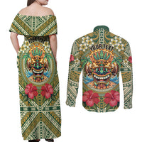 Hawaii Tiki Mask Personalized Couples Matching Off Shoulder Maxi Dress and Long Sleeve Button Shirt Mele Kalikimaka i Iulai! LT9 - Polynesian Pride
