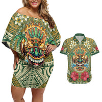 Hawaii Tiki Mask Personalized Couples Matching Off Shoulder Short Dress and Hawaiian Shirt Mele Kalikimaka i Iulai! LT9 Green - Polynesian Pride