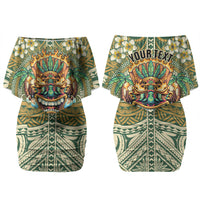 Hawaii Tiki Mask Personalized Couples Matching Off Shoulder Short Dress and Hawaiian Shirt Mele Kalikimaka i Iulai! LT9 - Polynesian Pride