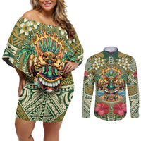 Hawaii Tiki Mask Personalized Couples Matching Off Shoulder Short Dress and Long Sleeve Button Shirt Mele Kalikimaka i Iulai! LT9 Green - Polynesian Pride