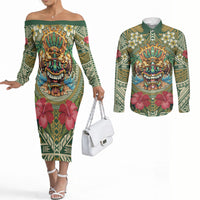 Hawaii Tiki Mask Personalized Couples Matching Off The Shoulder Long Sleeve Dress and Long Sleeve Button Shirt Mele Kalikimaka i Iulai! LT9 Green - Polynesian Pride