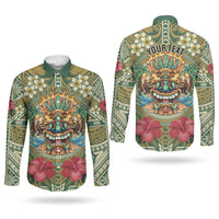 Hawaii Tiki Mask Personalized Couples Matching Off The Shoulder Long Sleeve Dress and Long Sleeve Button Shirt Mele Kalikimaka i Iulai! LT9 - Polynesian Pride