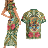 Hawaii Tiki Mask Personalized Couples Matching Short Sleeve Bodycon Dress and Hawaiian Shirt Mele Kalikimaka i Iulai!