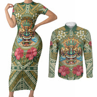 Hawaii Tiki Mask Personalized Couples Matching Short Sleeve Bodycon Dress and Long Sleeve Button Shirt Mele Kalikimaka i Iulai! LT9 Green - Polynesian Pride