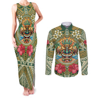 Hawaii Tiki Mask Personalized Couples Matching Tank Maxi Dress and Long Sleeve Button Shirt Mele Kalikimaka i Iulai! LT9 Green - Polynesian Pride