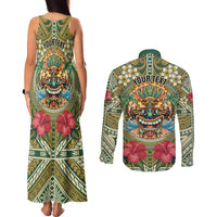 Hawaii Tiki Mask Personalized Couples Matching Tank Maxi Dress and Long Sleeve Button Shirt Mele Kalikimaka i Iulai! LT9 - Polynesian Pride