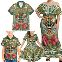 Hawaii Tiki Mask Personalized Family Matching Off Shoulder Maxi Dress and Hawaiian Shirt Mele Kalikimaka i Iulai! LT9 - Polynesian Pride