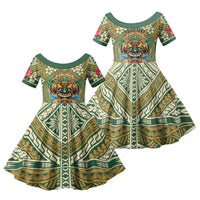 Hawaii Tiki Mask Personalized Family Matching Off Shoulder Maxi Dress and Hawaiian Shirt Mele Kalikimaka i Iulai! LT9 Daughter's Dress Green - Polynesian Pride