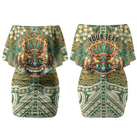 Hawaii Tiki Mask Personalized Family Matching Off Shoulder Short Dress and Hawaiian Shirt Mele Kalikimaka i Iulai! LT9 Mom's Dress Green - Polynesian Pride